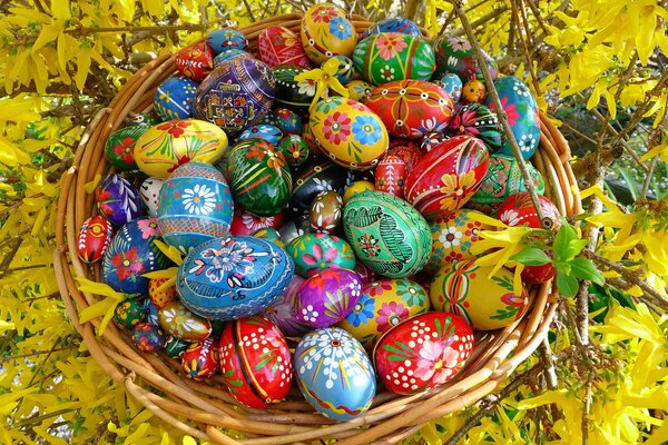 A basket full of eggs on a background of yellow flowers