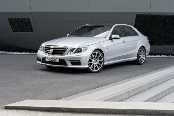 White Mercedes on a black-white background