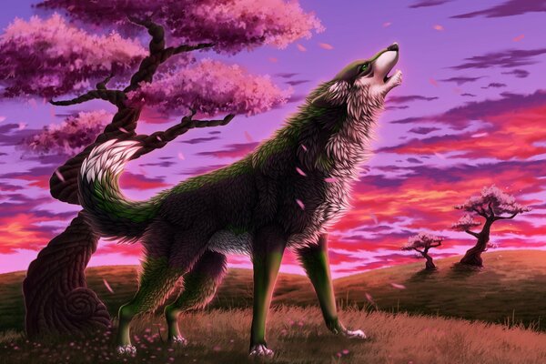 The wolf howling under the sakura in the spring is looking for a female