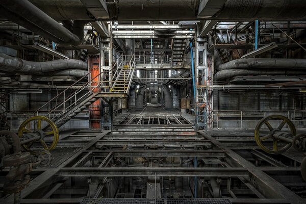 A gray factory with lots of pipes and stairs