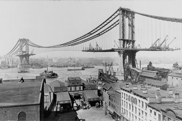 Image en noir et blanc de la construction du pont de Brooklyn