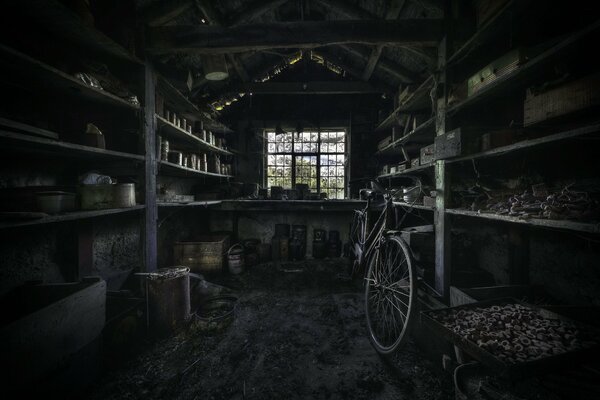 Dark garage with bicycle