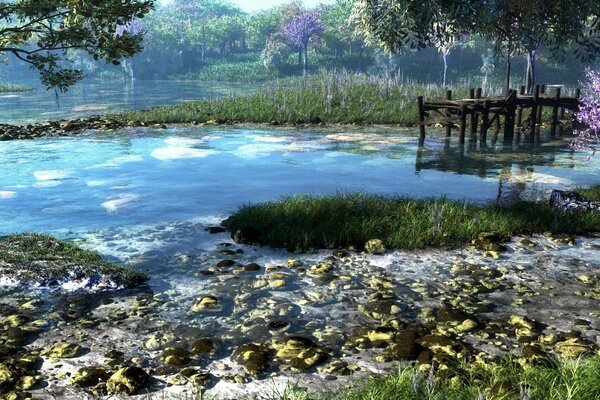 Landscape pier in blue water against the background of forest and grass