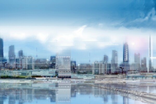 View of the construction site on the background of the lake