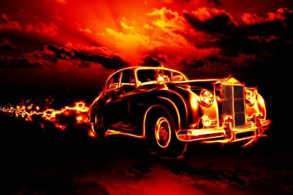 A fiery retro car with a trail of fire on the background of a red-black sky