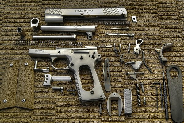 Disassembled pistol with all the details