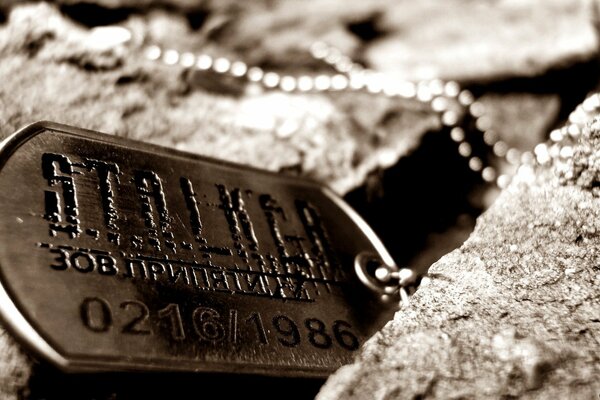 Die Medaille, die der Stalker verloren hat, liegt auf den Steinen in Pripyat