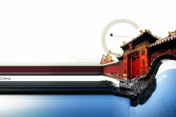Castello cinese con muro rosso e drago