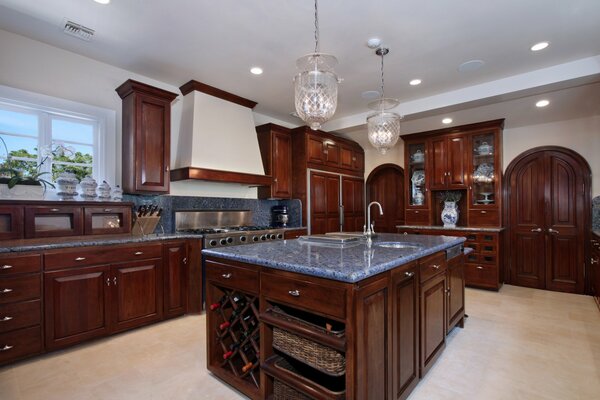 Kitchen interior in classic style dark brown