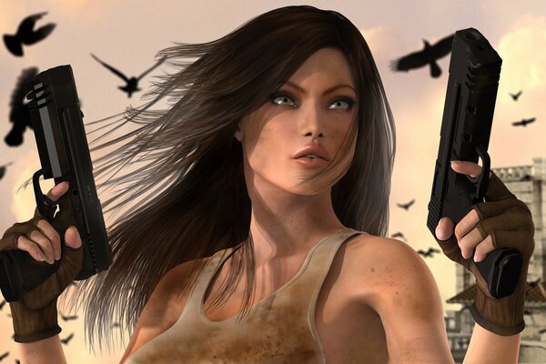 Mädchen mit Pistolen auf Stadt Hintergrund