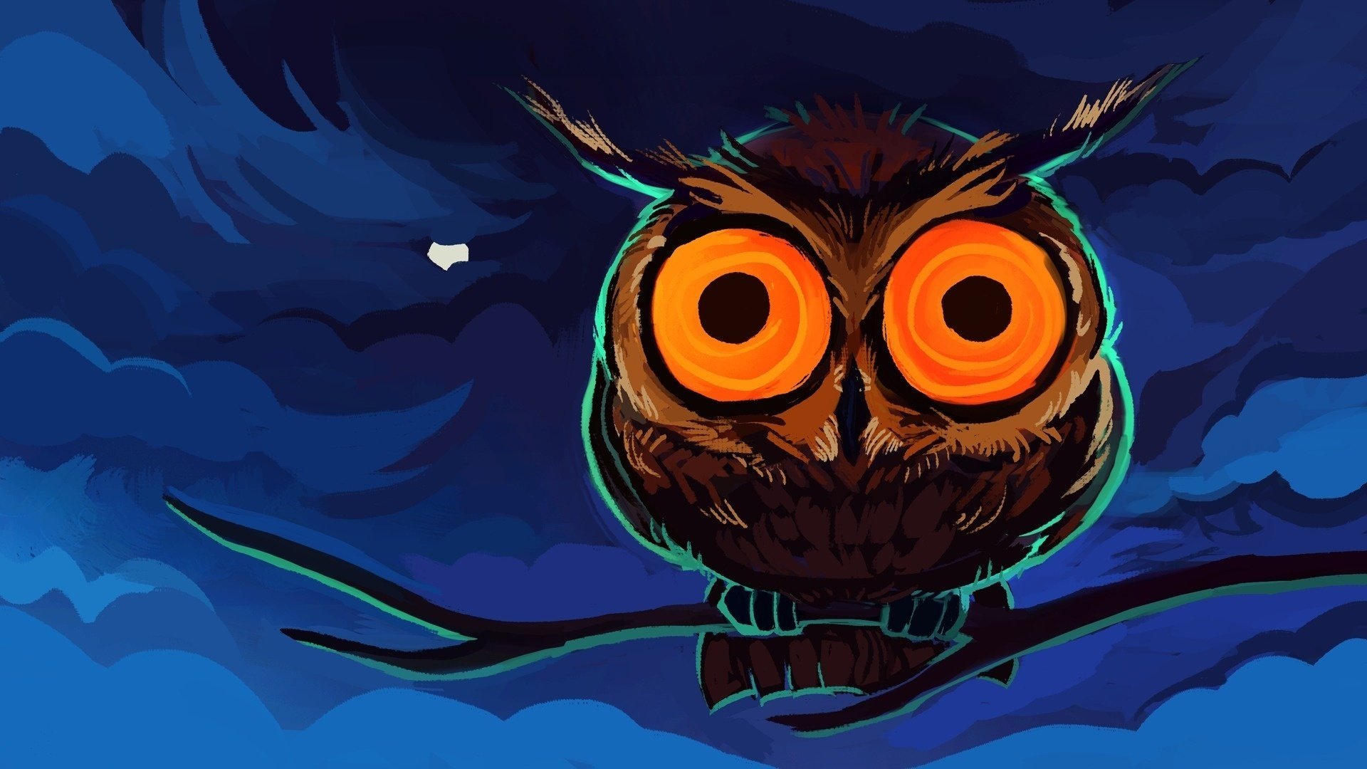 owl figure eyes branch clouds the moon orange