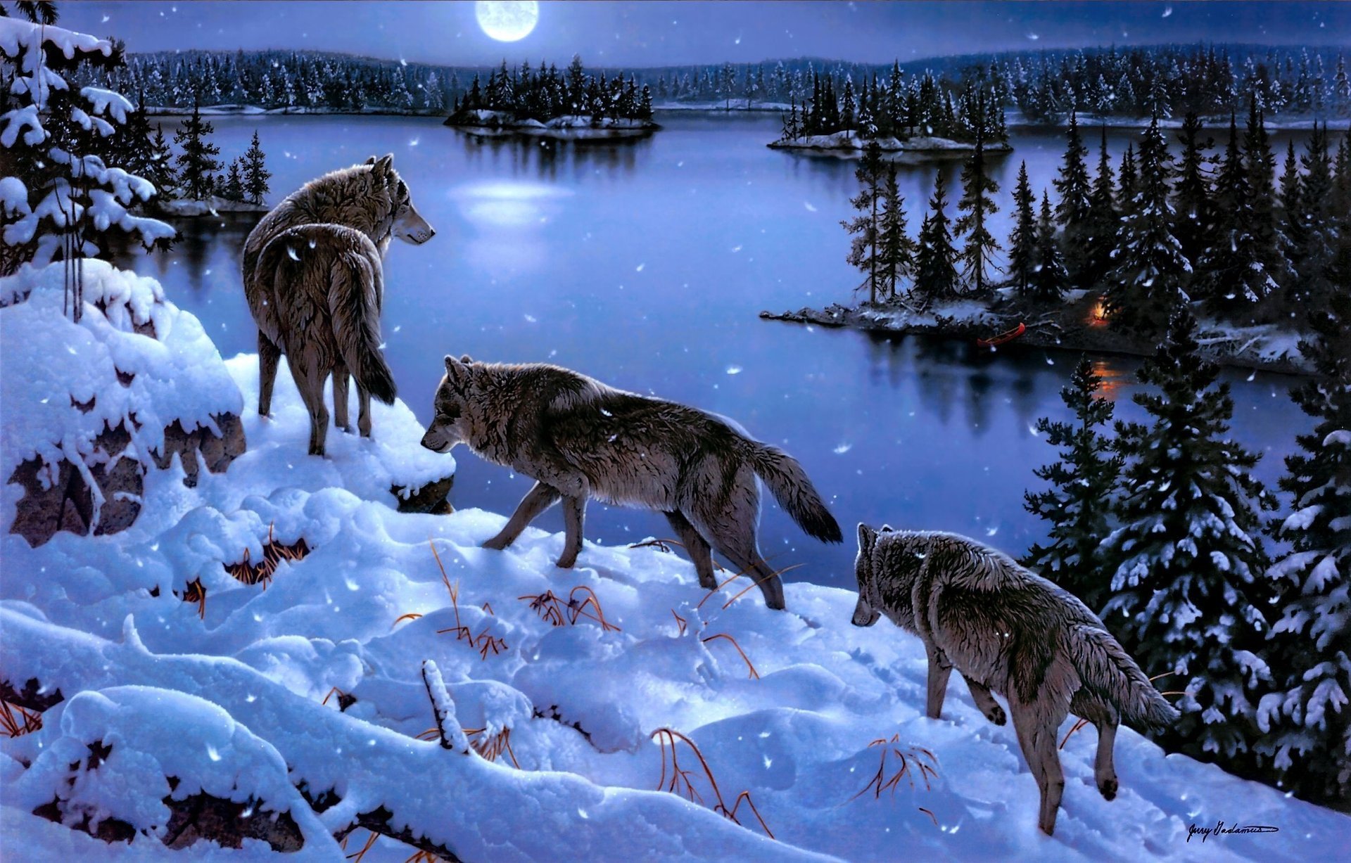 jerry gadamus arte invierno lobos árboles nieve lago