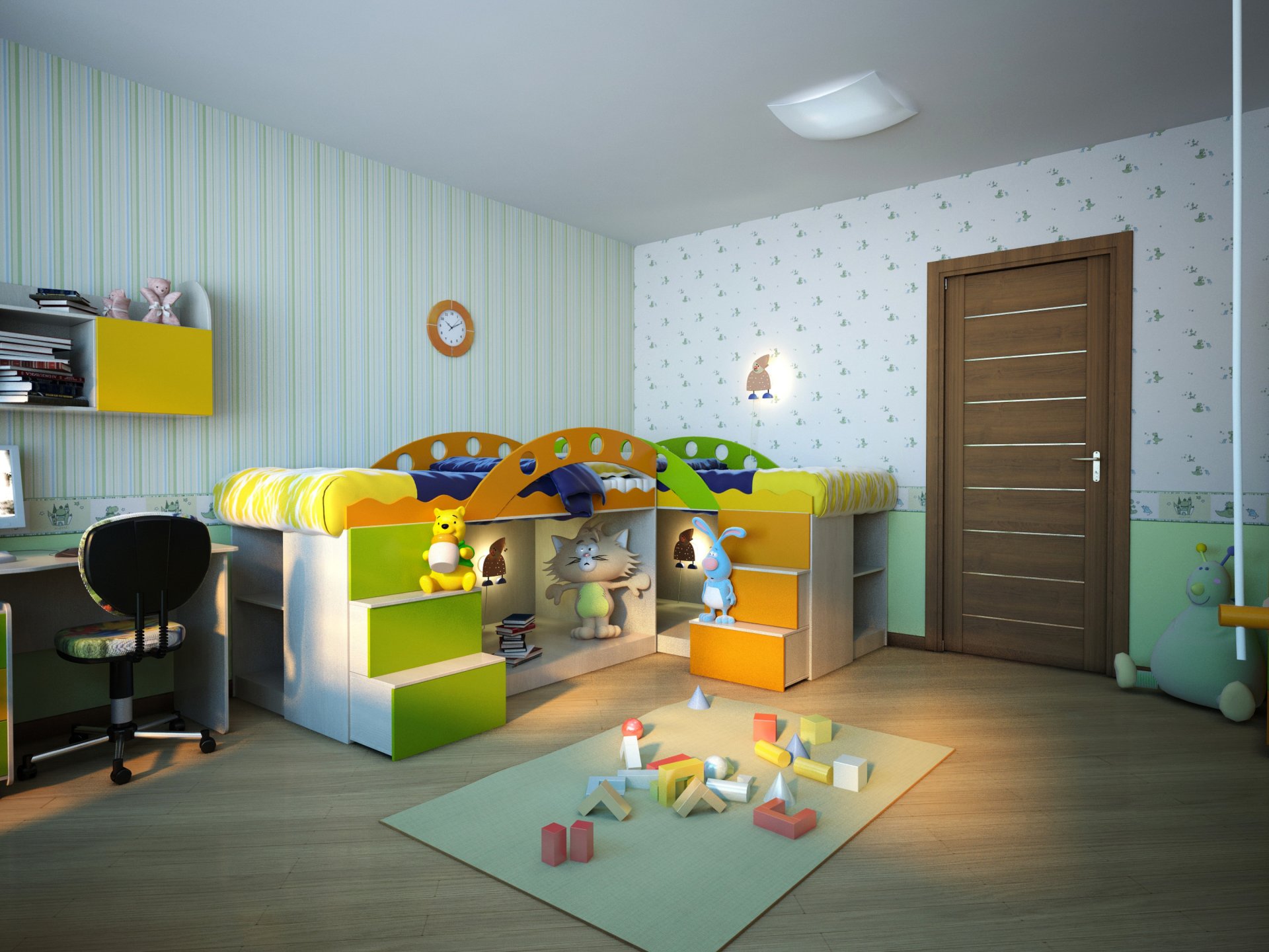 niños habitación cama puerta papel pintado diseño juguetes