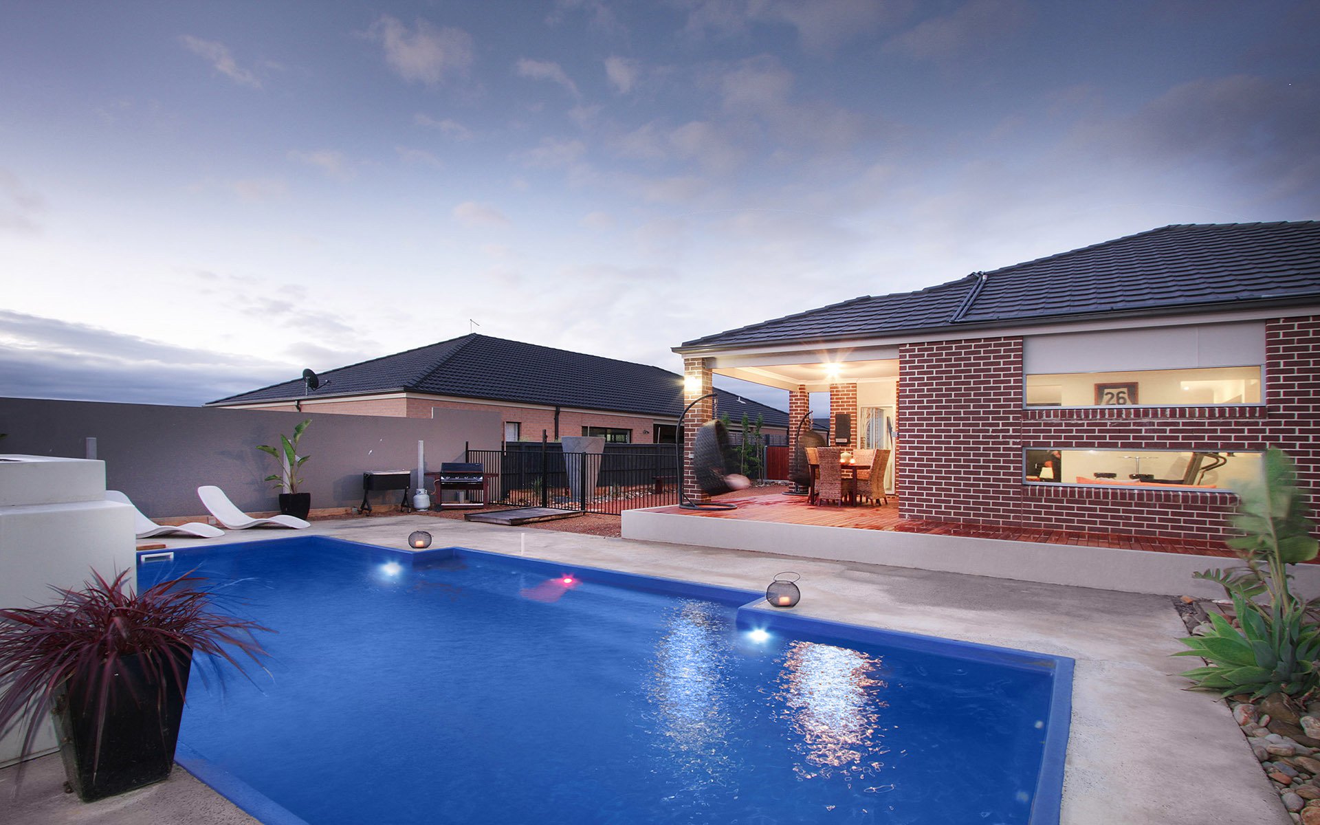 house swimming pool sunset home garden