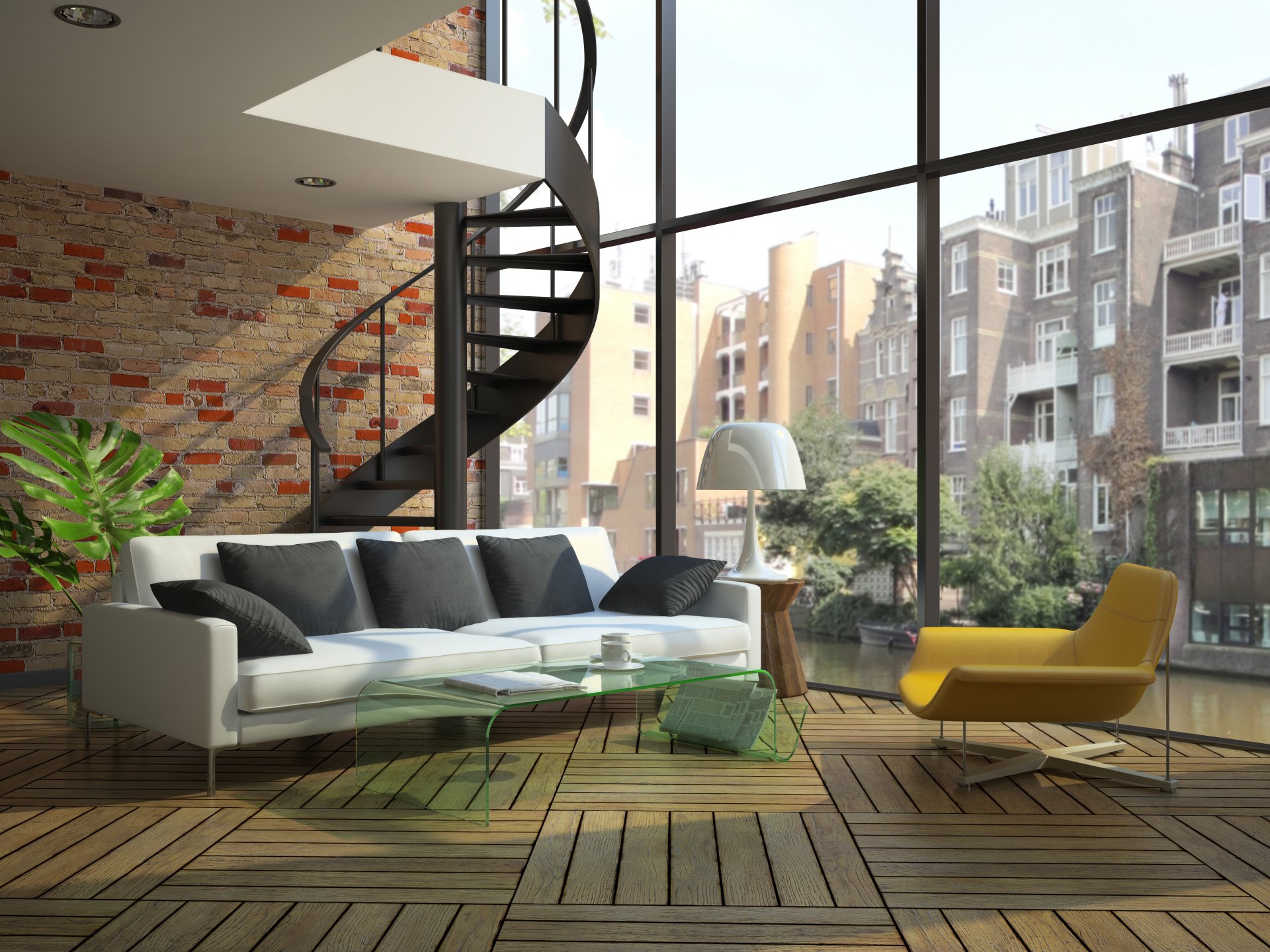 modern loft windows stairs sofa