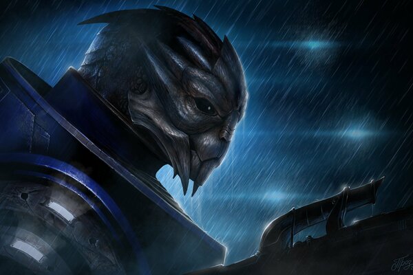 Charakter des Spiels Mass Effect gekleidet in Rüstung und mit Waffen