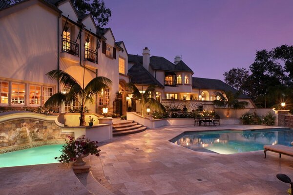 Evening at a hotel with beautiful pools