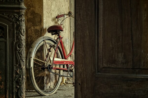 Foto della bici dietro le porte intagliate