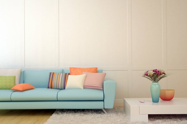 Image of the interior with a bright sofa