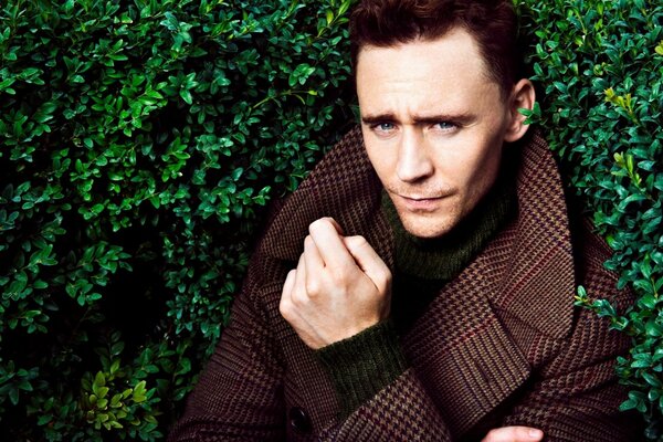 Actor Tom Hiddleston in a plaid jacket on a background of greenery