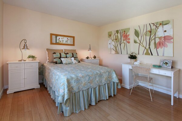 The interior of a modern bedroom in pastel colors