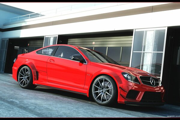 Bright red car in the garage