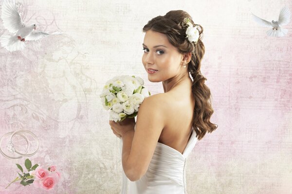 A girl bride with a wedding bouquet of roses