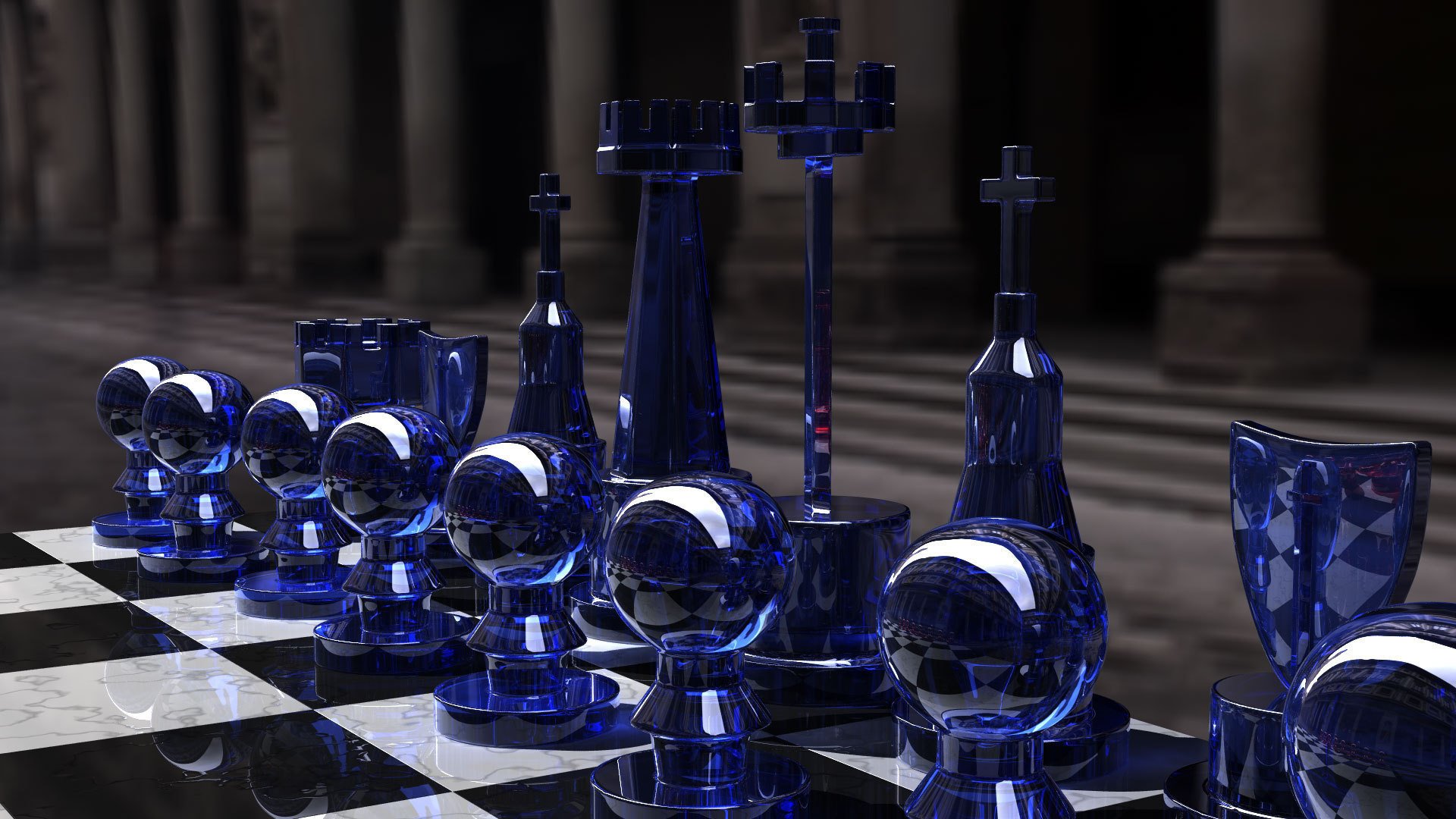 blue side kjasi chess set jeu glass stratégie échecs rendering