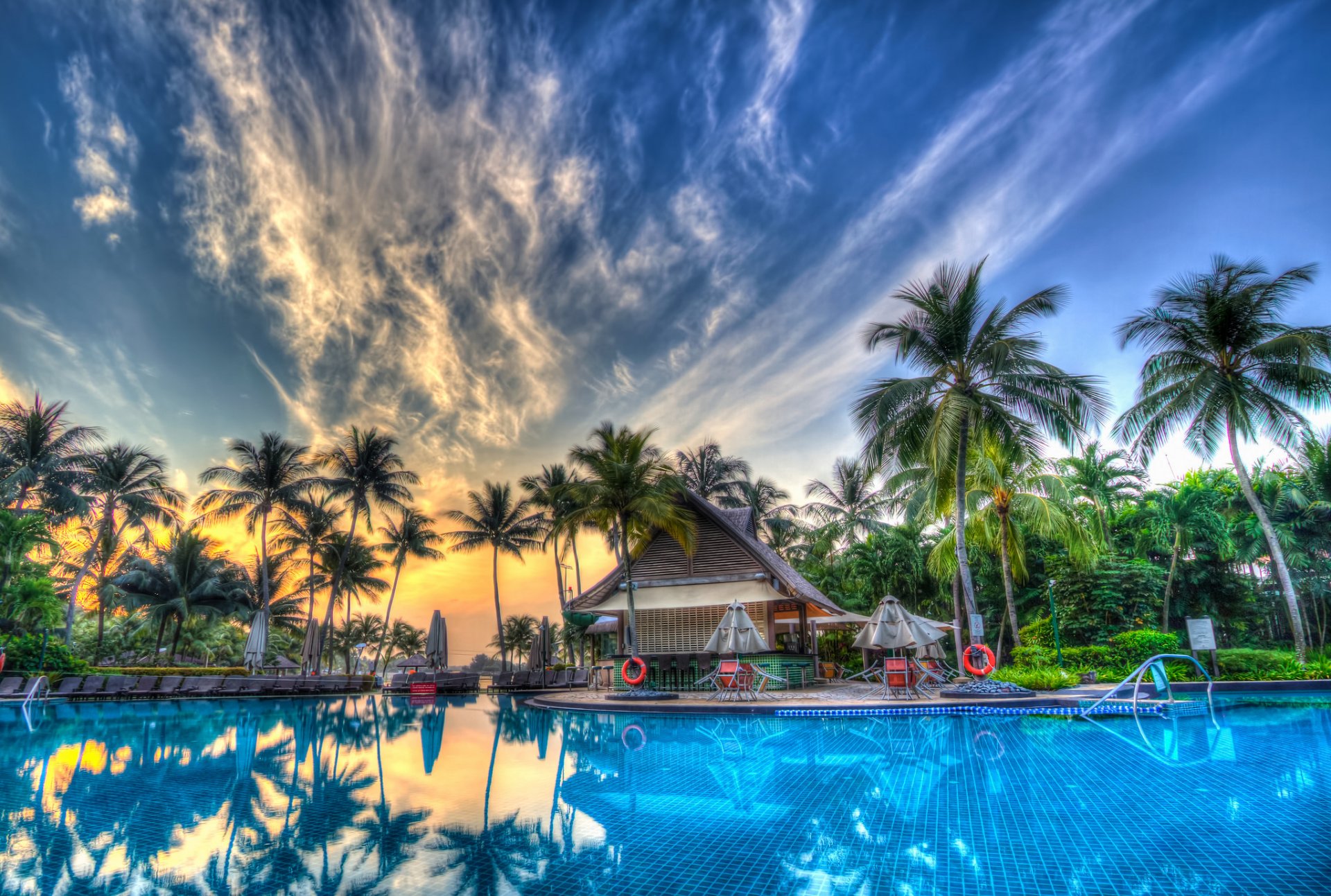 exterior interior pool palm sky clouds pool