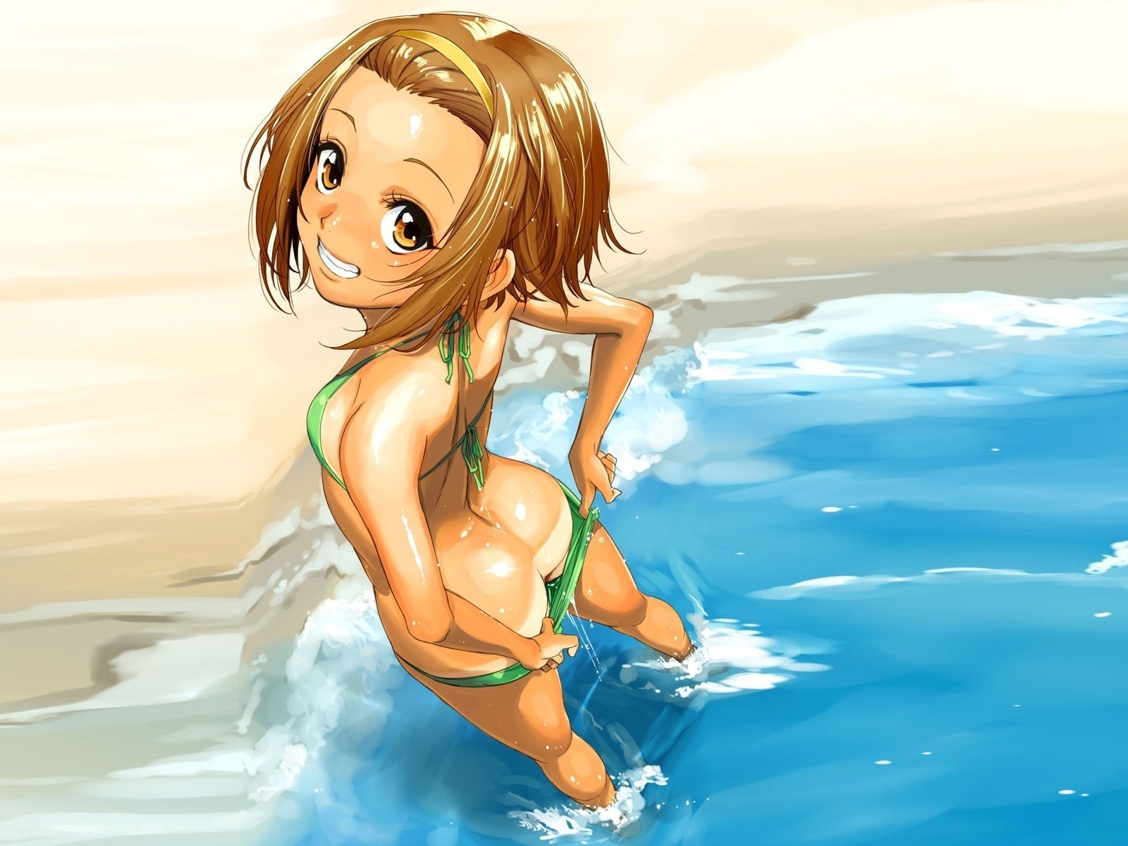 k-on ritsu k-on ritsu leichte musik augen blick anime mädchen lächeln bikini strand meer sonnenbrand