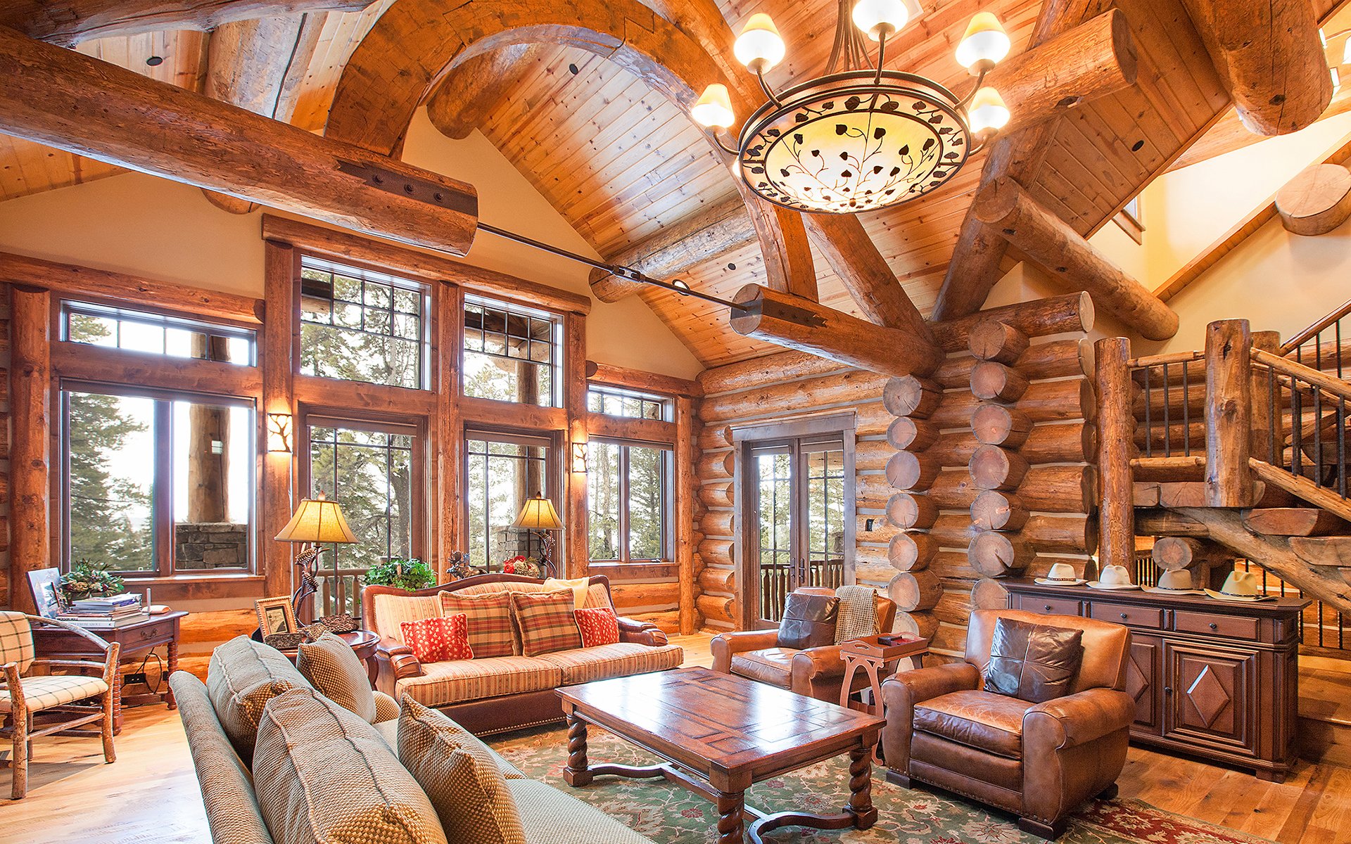 log home great room interior