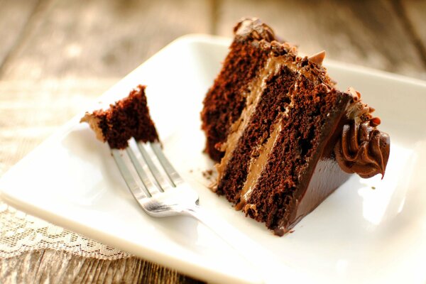 Шоколадный торт на тарелке с вилкой