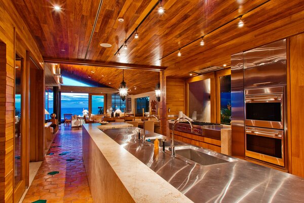 Modern kitchen interior in wooden style and island