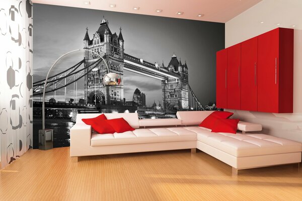 Camera elegante. Design nel soggiorno. Interni in bianco e rosso
