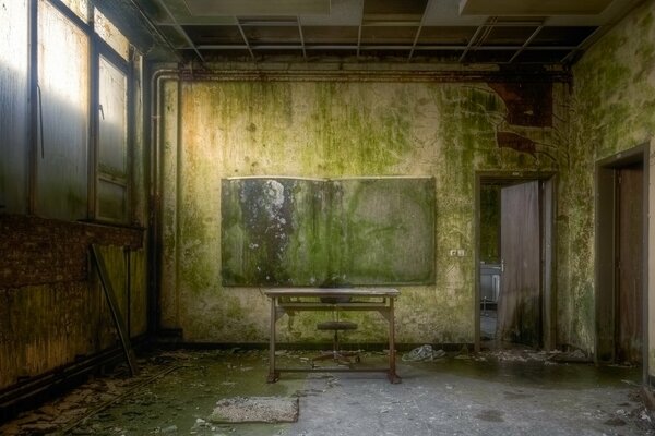 A classroom in an abandoned school