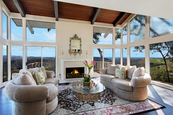 The interior of the living room with a very beautiful view