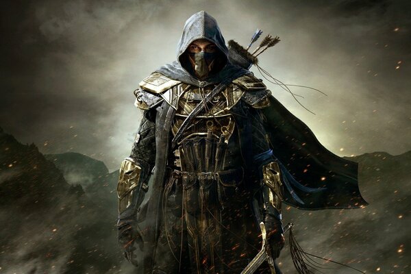 El personaje del juego the Elder scrolls se encuentra en la armadura y con armas