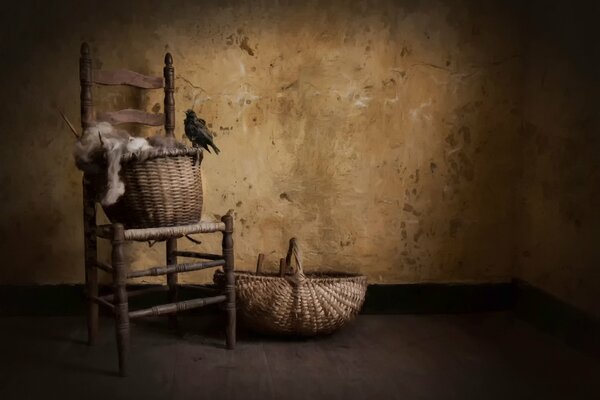 Rural art style:a bird in a basket