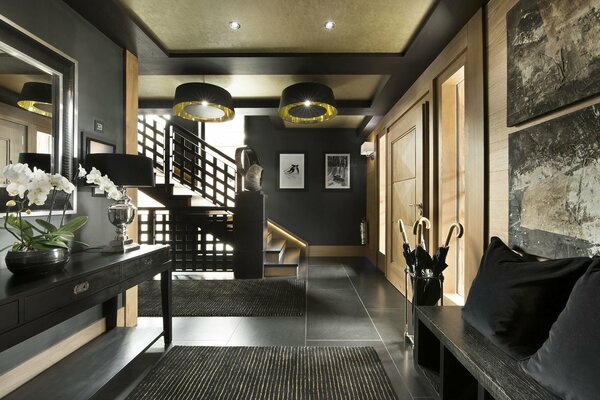 Modern style hallway, in dark colors