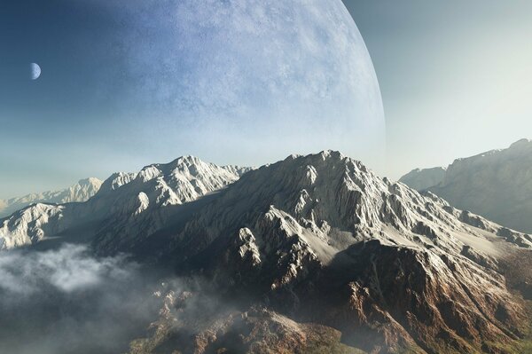 Mountains, moon and clouds in the landscape