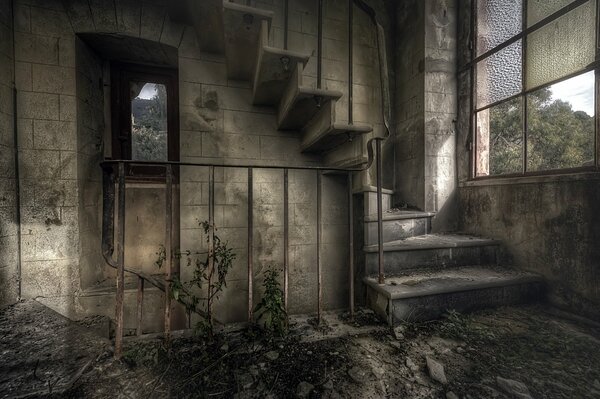 Complete darkness and ruin. Abandoned house