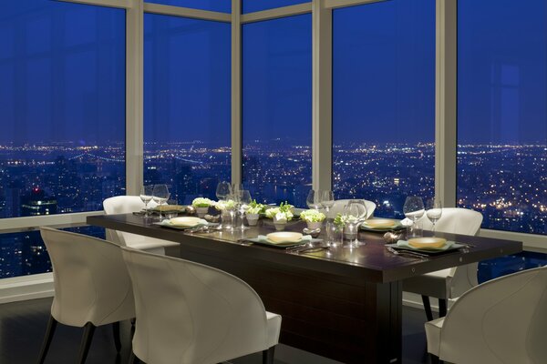 Interior of a cafe with a view of the city