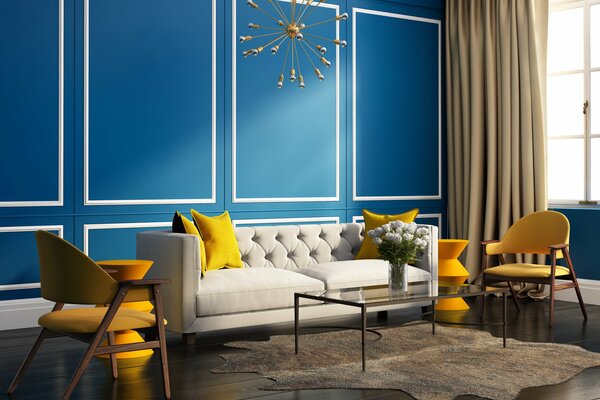 Intérieur pour le salon. Combinaison de jaune et de bleu