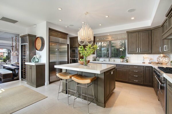 Designer kitchen interior with a beautiful chandelier