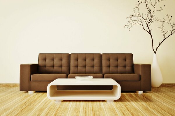 Minimalismo all interno con divano marrone
