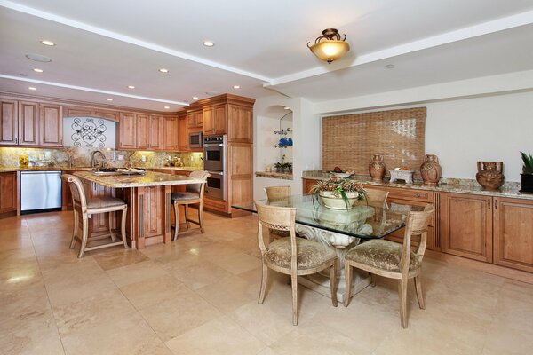 Laconic interior design. Kitchen. Table and chairs