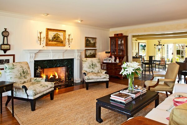 Large living room with marble fireplace