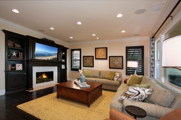 Modern living room with fireplace and sofas