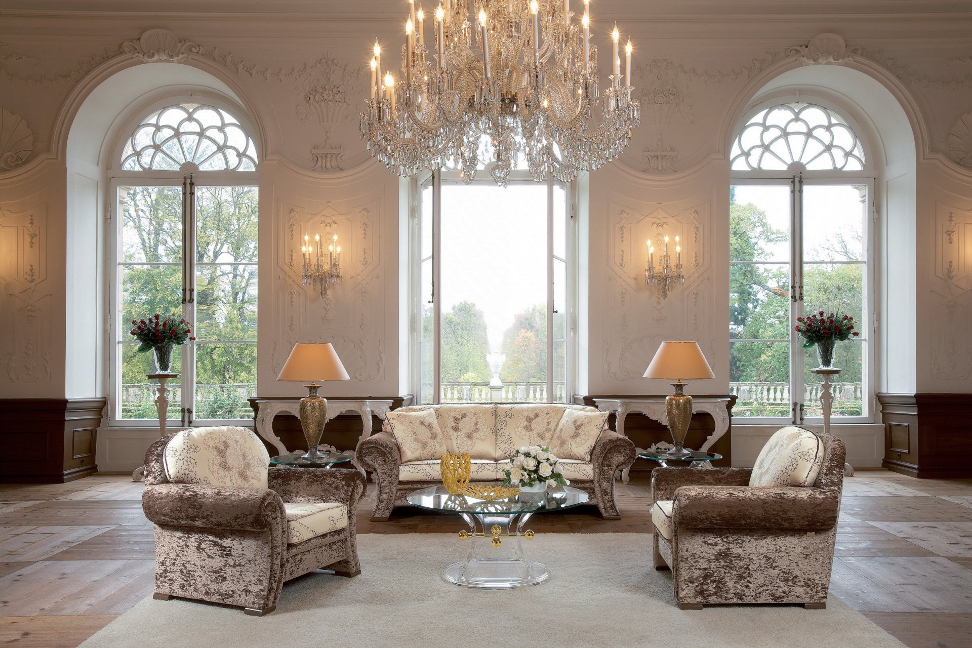 interior design style house castle vase roses large windows chandelier light furniture sofa armchairs table