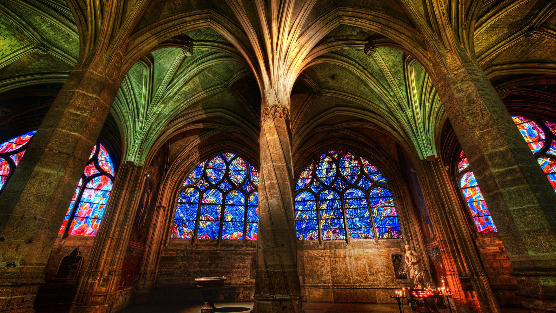 column hall cathedral stained glass hdr